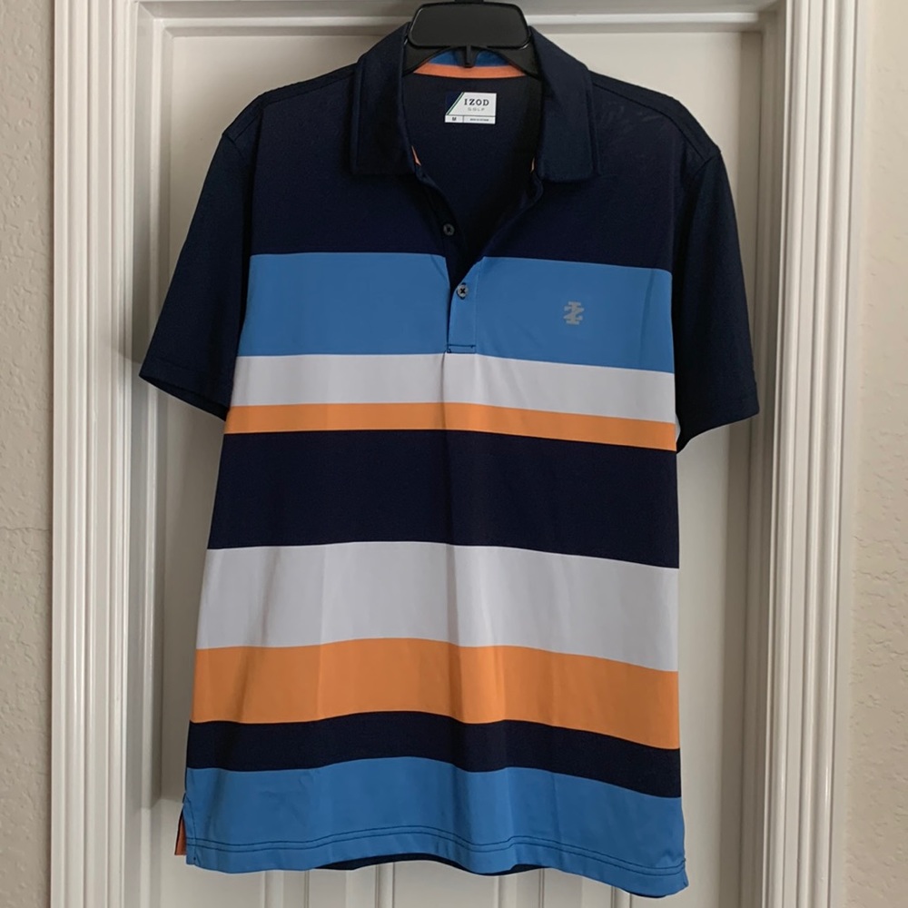 IZOD Golf Performance Polo Shirt Men's Size Medium Blue Orange Stripe